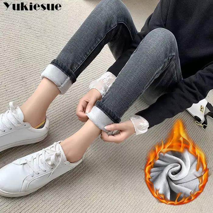Hiver épais femme velours femmes taille haute jean moulant Simple polaire chaud coupe ajustée Stretch dames décontracté Denim crayon pantalon