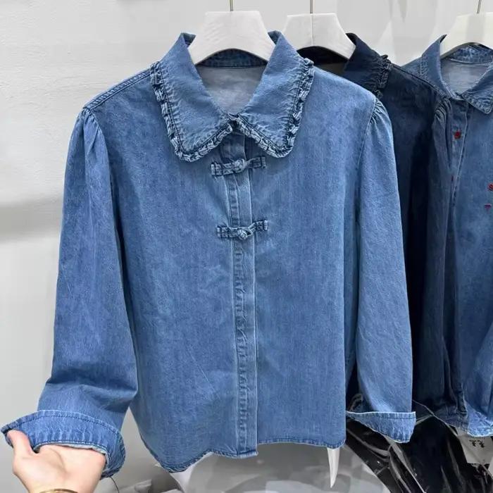 Chemisier en jean style rétro chinois décontracté pour femme printemps été hauts décontractés occassions bureau et week-end