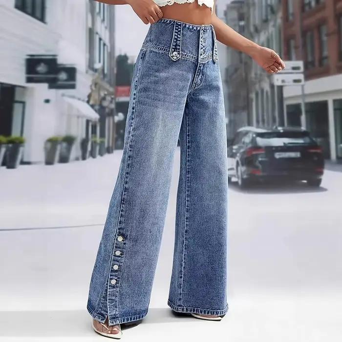 Jeans à jambes larges taille haute bleu pour femmes Mode Multi-boutons devant Détail à pression latérale Pantalon en denim Tenue décontractée pour les rendez-vous quotidiens