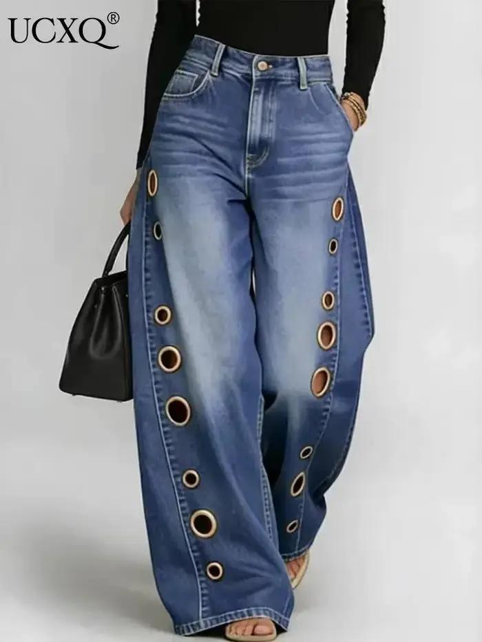 Jeans UCXQ femmes décontractés uni à jambes larges boutons à œillets taille haute polyvalents nouvelle collection été 2026