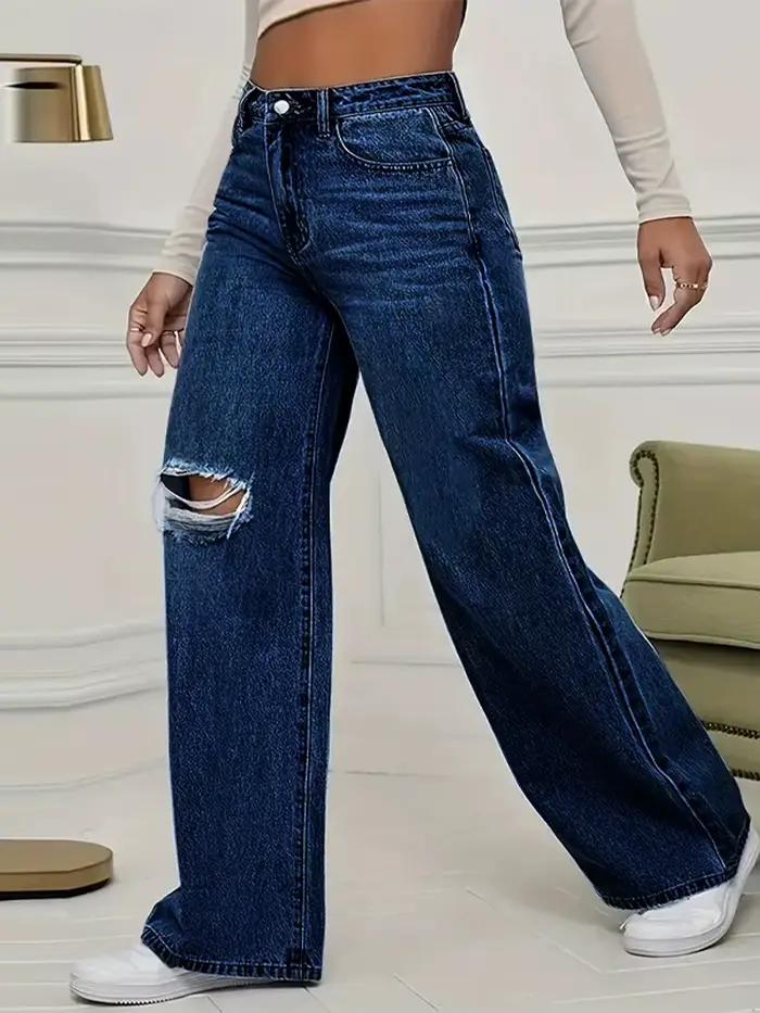 Burques déchirées femmes jean taille haute droite Baggy jambe large Denim pantalon traînant vêtements de rue