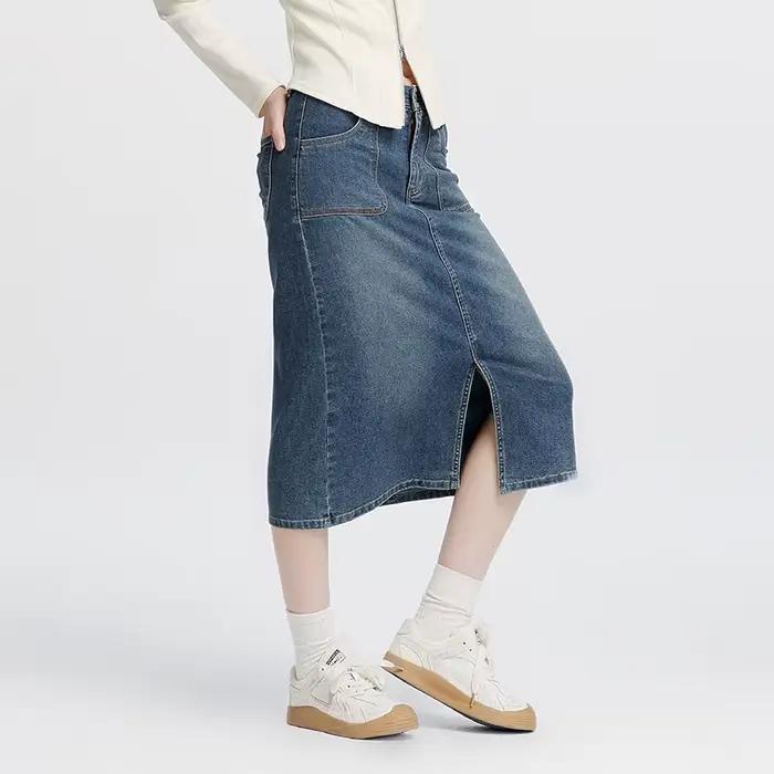 Jupe longue droite en jean fendue pour femme Semir