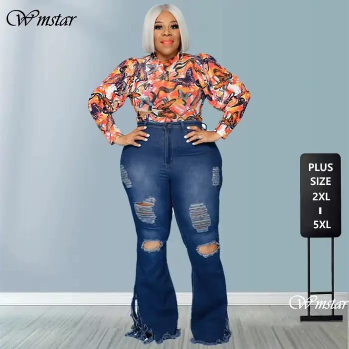 Jeans Wmstar en denim pour femmes de grande taille, style streetwear, coupe évasée, poches solides, couleur bleu foncé, bleu glace, trans-vert, occasionnellement déchiré, printemps/été