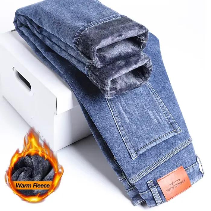 2025 hiver polaire jean hommes mode élastique mince droit chaud pantalon épaissir affaires décontracté coréen thermique