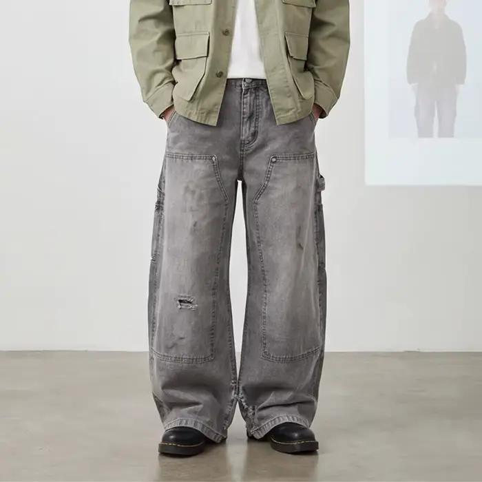IEFB Style américain déconstruit Silhouette en détresse hommes coupe botte jean vêtements de travail Chic ample sale teint bûche Denim pantalon