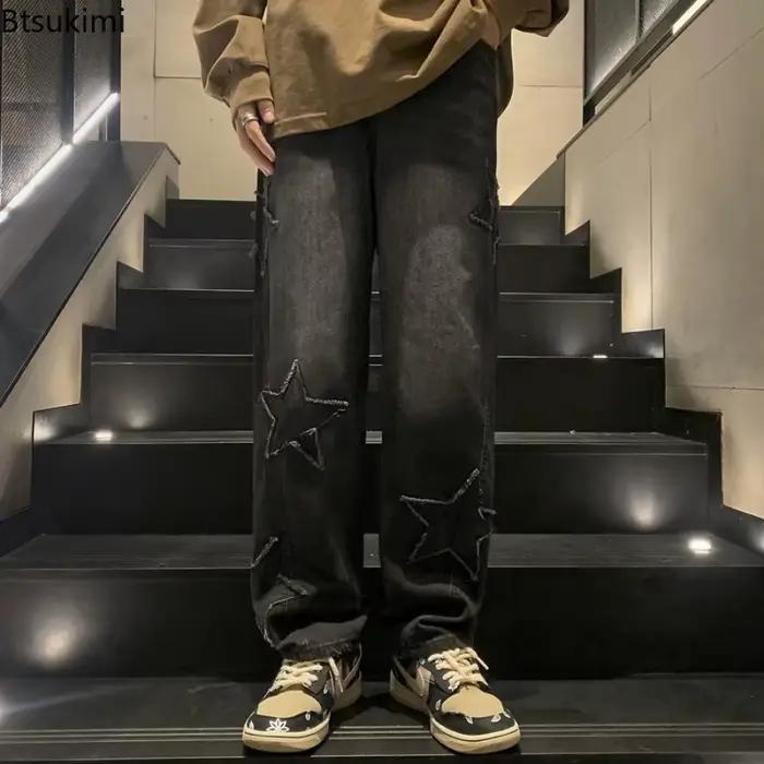 Nouveau Jean Hip-Hop Homme Tendance Streetwear Stars Y2K Style Américain Vintage Ample Coupe Droite Jambe Large