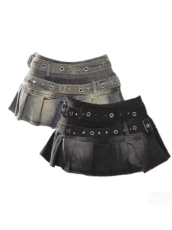 Jupe en jean pour femme avec ceinture cloutée