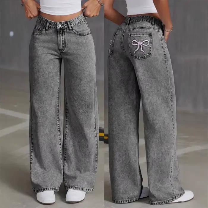 Femmes jambe large petit ami jean droit Hip Hop nœud broderie Denim pantalon taille basse Baggy