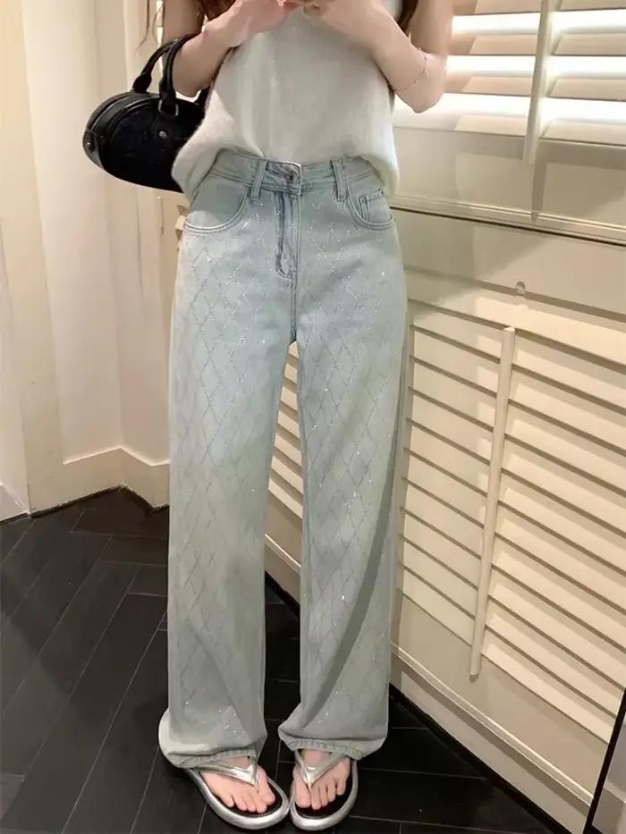 Jean Baggy bleu à carreaux pour femmes