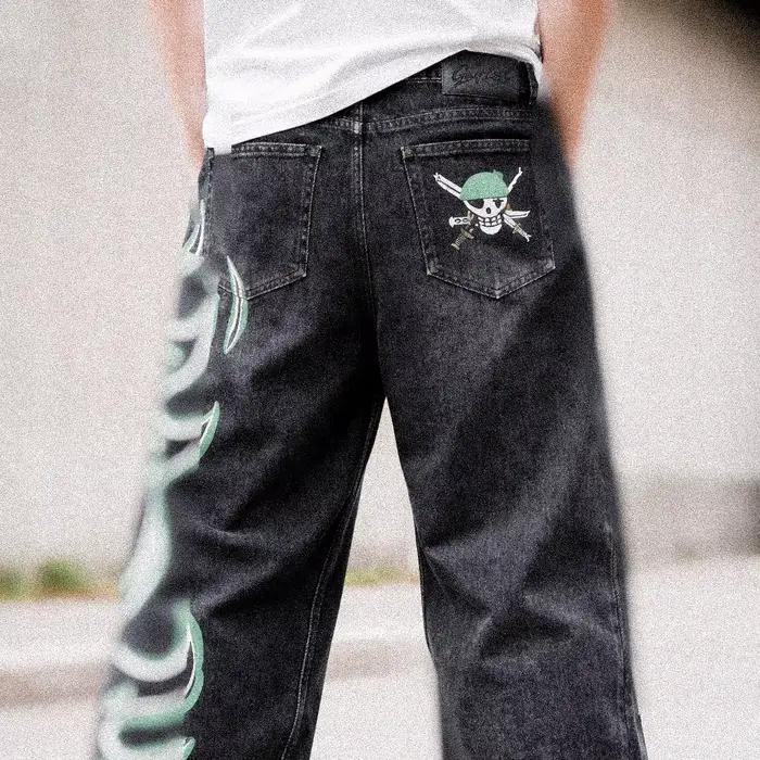 Pantalon en denim vintage BiggOrange à jambe large pour hommes, style Y2K, motifs dessin animé, look décontracté, pour toutes les saisons