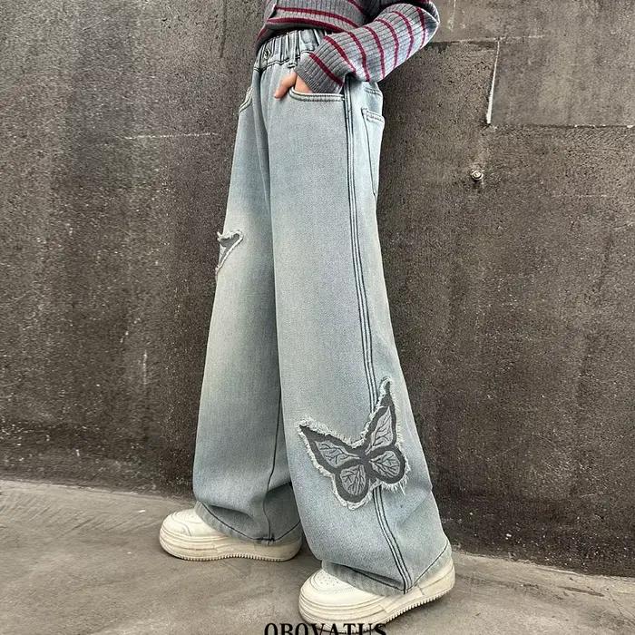 Jean Vintage Bleu avec Applique de Papillons pour Fille