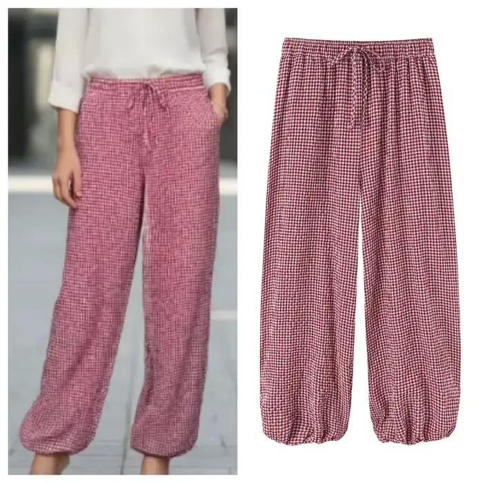 Pantalon Harem Femme 2026 Nouvelle Collection Été Rouge à Carreaux avec Cordon de Serrage – Long