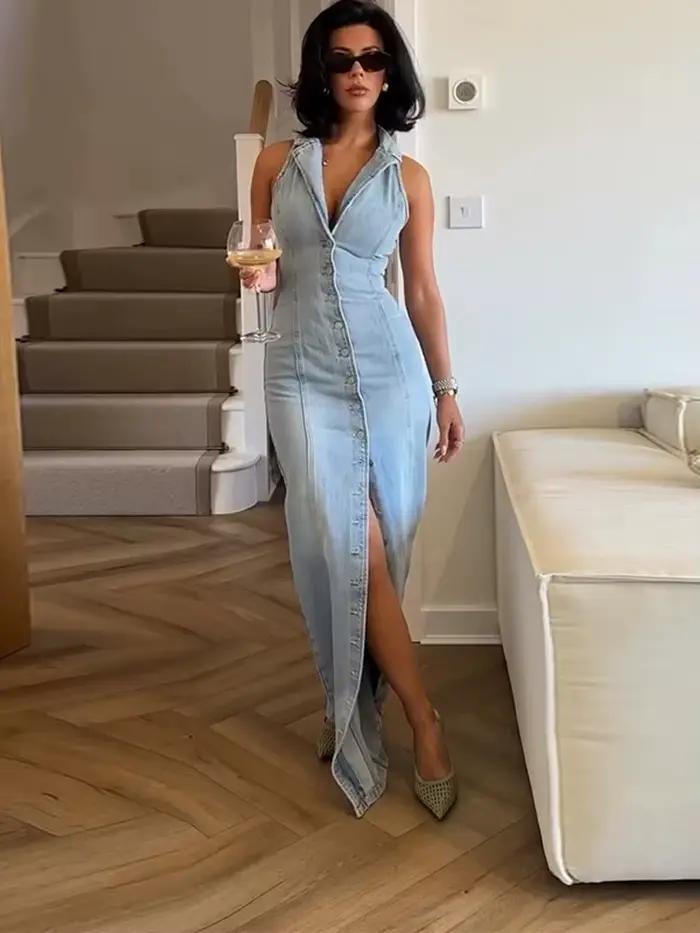 Robe Maxi en Denim sans manches pour femmes