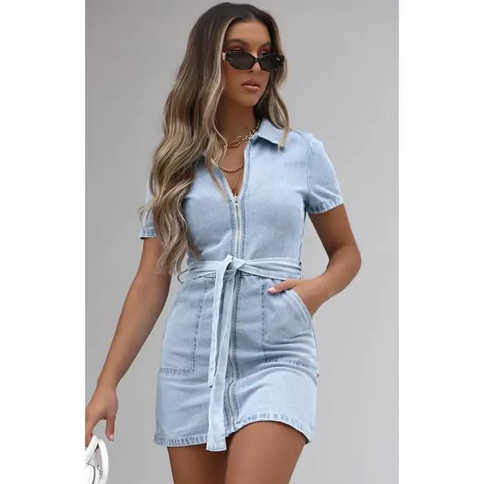 Robes en jean femmes Mini robe Vintage col rabattu à lacets poches zippées en détresse été