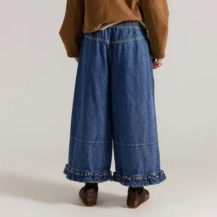 Jean chic bohème bleu clair à ourlet volanté pour femme