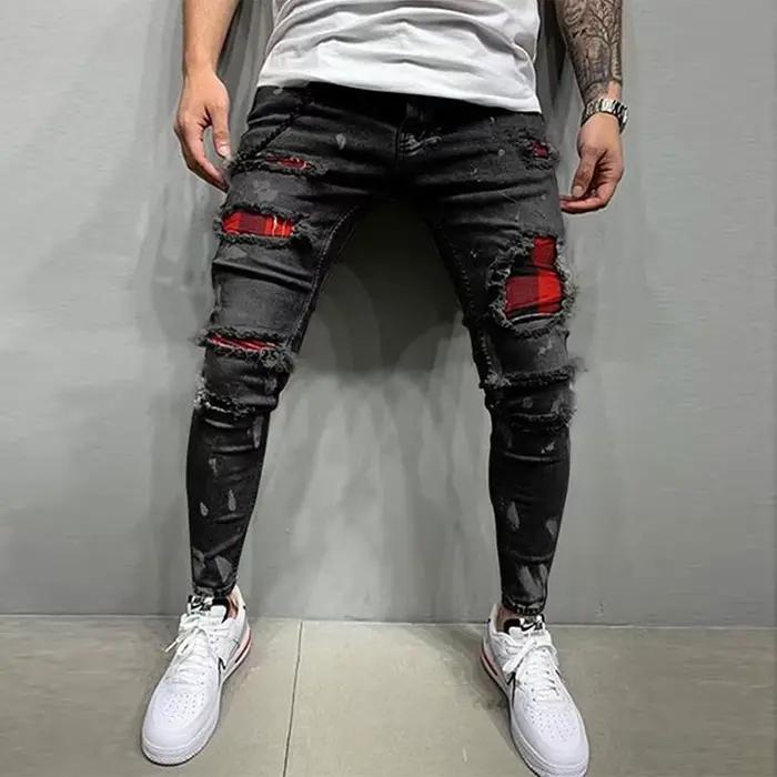 Nouveaux hommes maigre déchiré jean mode grille trou Endothecium patchs coupe ajustée Stretch décontracté Denim crayon