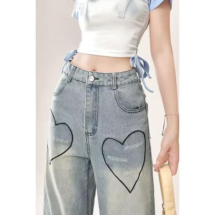 Jeans de travail rétro brodés de coeurs pour femmes coupe amincissante grande taille occasionnels épicées