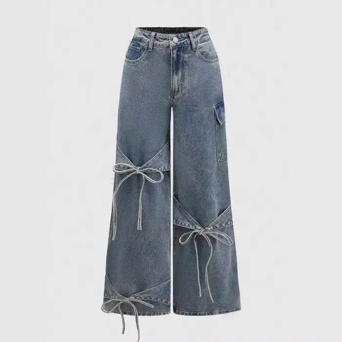 2025Y2K Spice Girls Collage Bow Jeans Pantalon droit femme