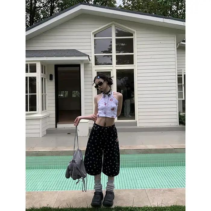 ZHIZOU Short en jean noir rétro américain pour femme
