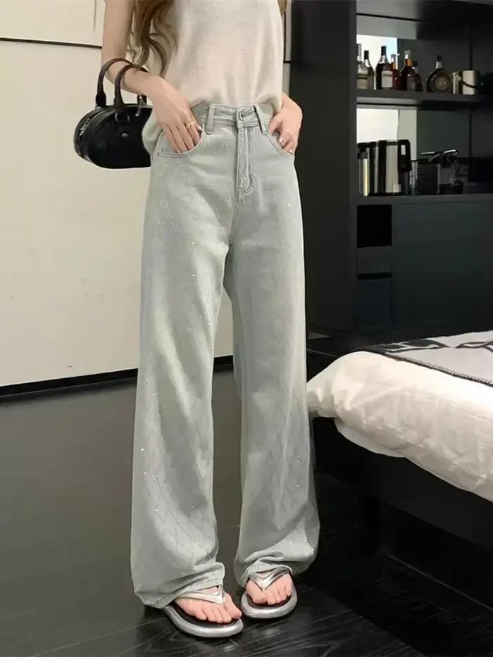 Jean Baggy bleu à carreaux pour femmes
