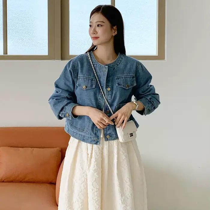 Botvotee Denim Jean veste pour femmes Vintage poche col rond manches longues bouton Dowm