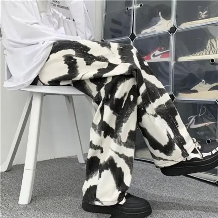 Streetwear zèbre imprimé jean hommes droit décontracté jambe large surdimensionné Denim pantalon Hip Hop Animal Baggy