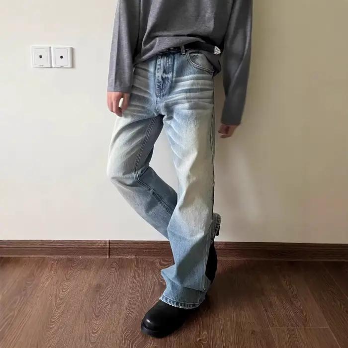 Jeans vintage américains délavés et usés pour hommes, coupe droite ample légèrement évasée, pantalon fluide amincissant
