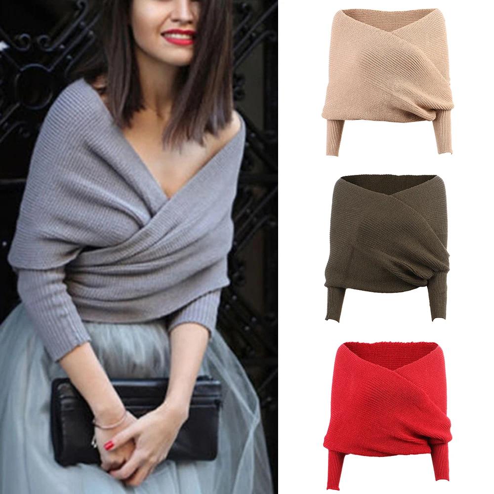 Pulls ronds à col en V pour femmes, écharpe sexy, châles à manches longues, écharpes chaudes pour fe