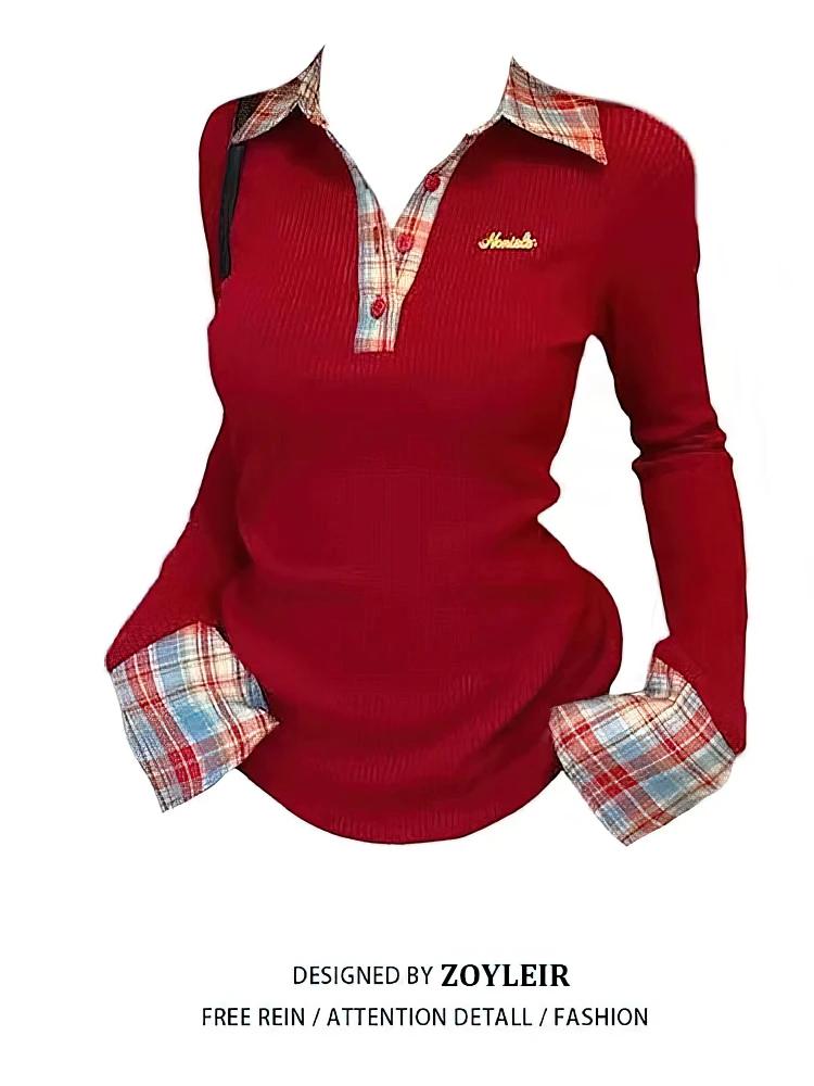 T-shirt à col polo à carreaux pour femme, manches longues, effet deux pièces, haut basique, chemisie