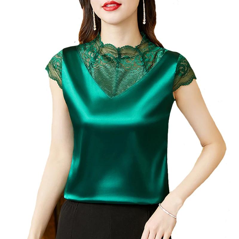M-5XL 2023 Mode coréenne Chemisier en dentelle Patchwork Demi col haut Satin Pulls Y-Summer Chemise 