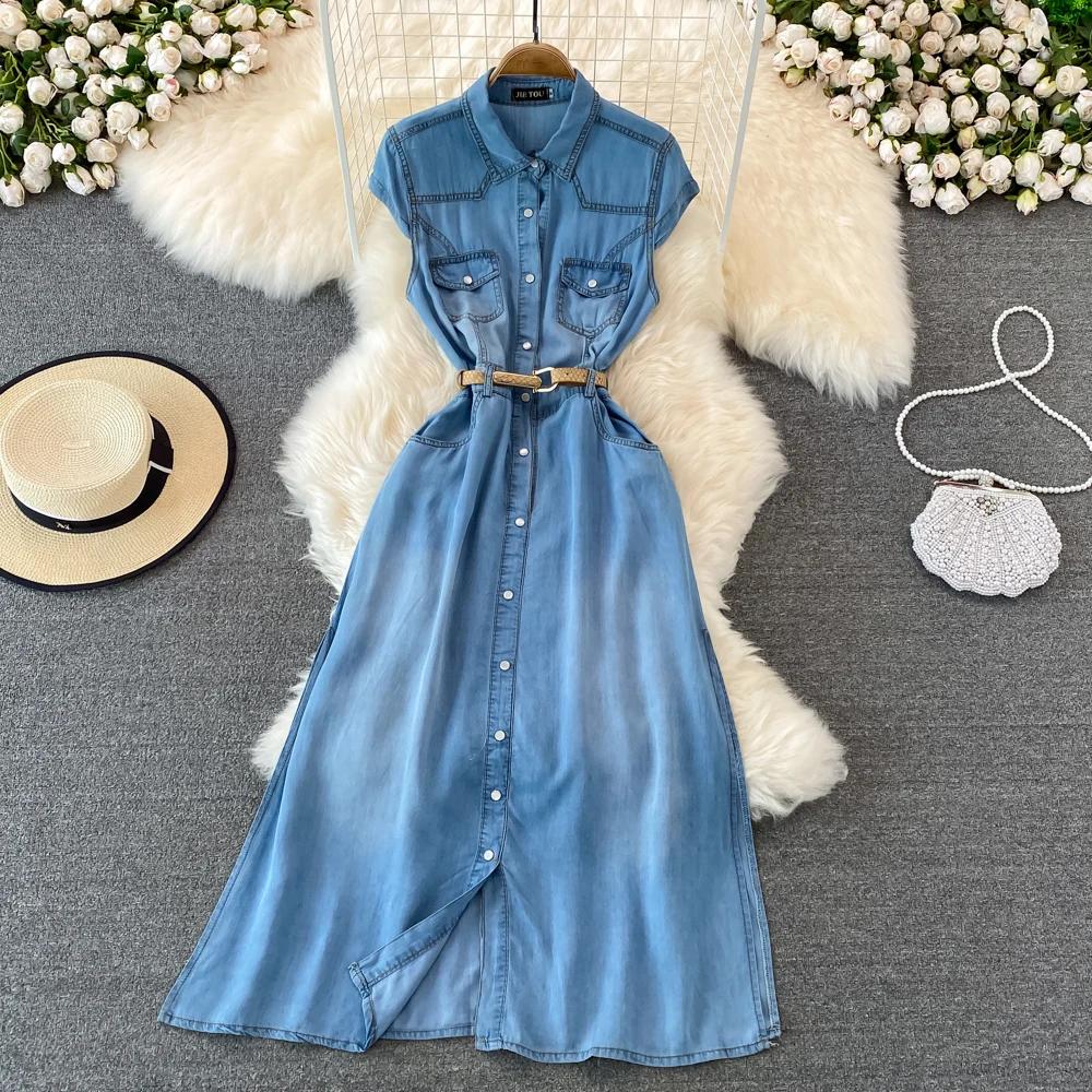 Robe Maxi en Jean pour Femme, Élégante, Col à Revers, Fibre Fine, Style Français, Rétro, Ligne A, Ch
