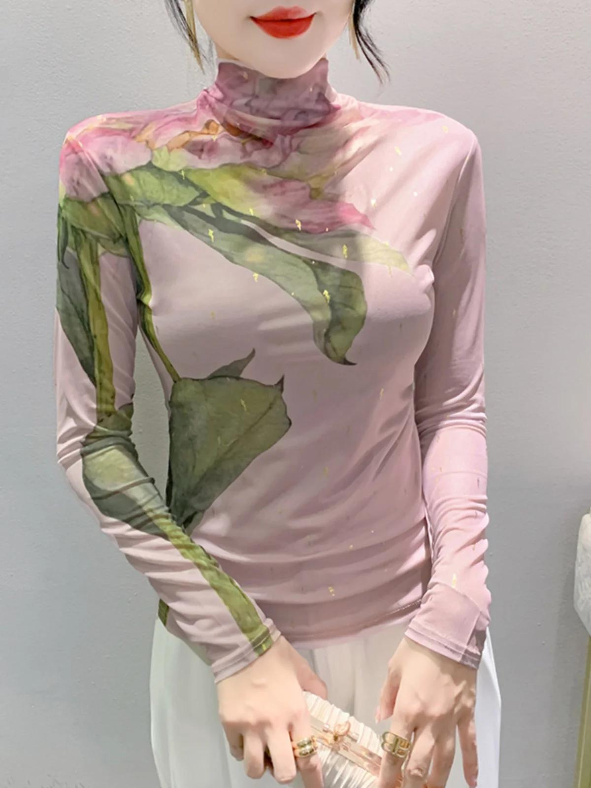 S-4XL Automne Mode Bronzant T-shirt Femmes Situé Impression De Grandes Fleurs Slim Économie Femme Ha