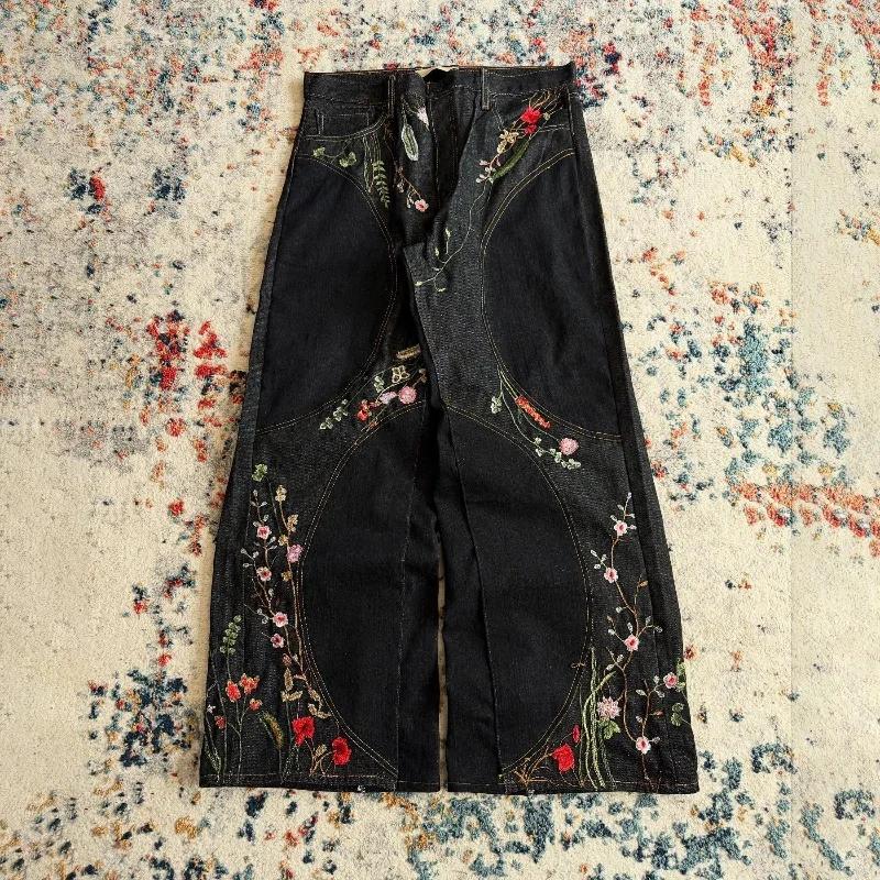 Jean baggy Y2K Blossom, broderie florale tendance, coutures épurées, streetwear unisexe, style rétro