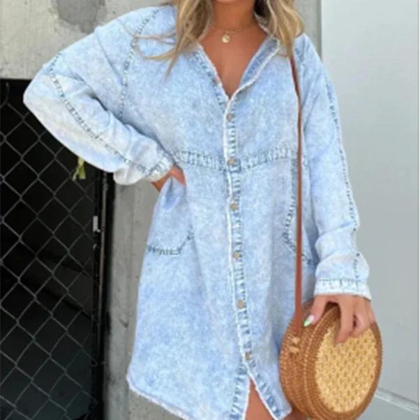 Robe chemise en denim pour femme, robe en jean, col rabattu décontracté, manches lanterne, taille ha