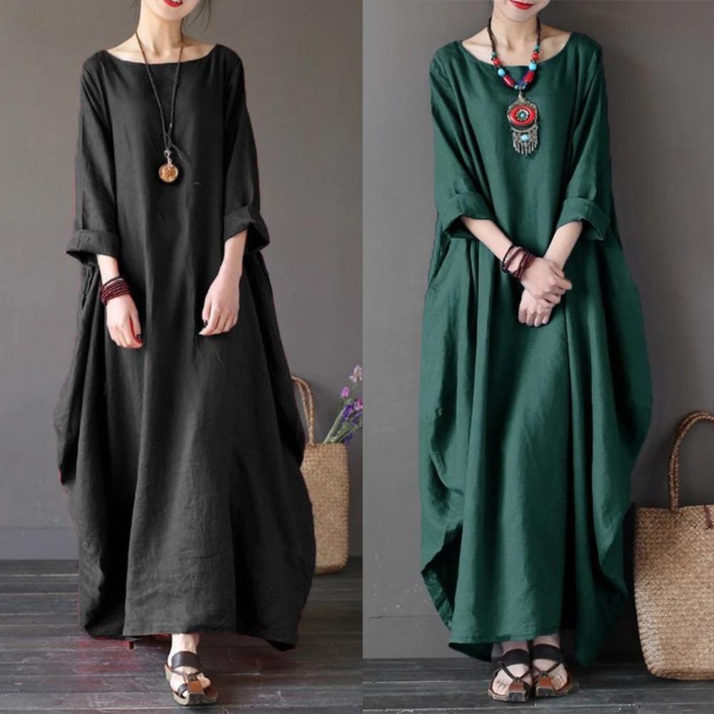 Robe longue en coton et lin pour femmes, mode coréenne, manches longues, col rond, Maxi caftan, Vint