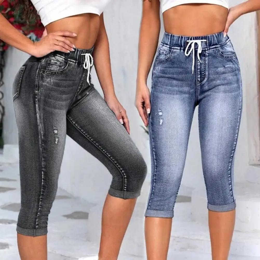 Jean taille haute pour femme, leggings vintage, élastique, taille haute, poches Wstring, pantalon en denim, longueur mollet, coupe slim, 2024
