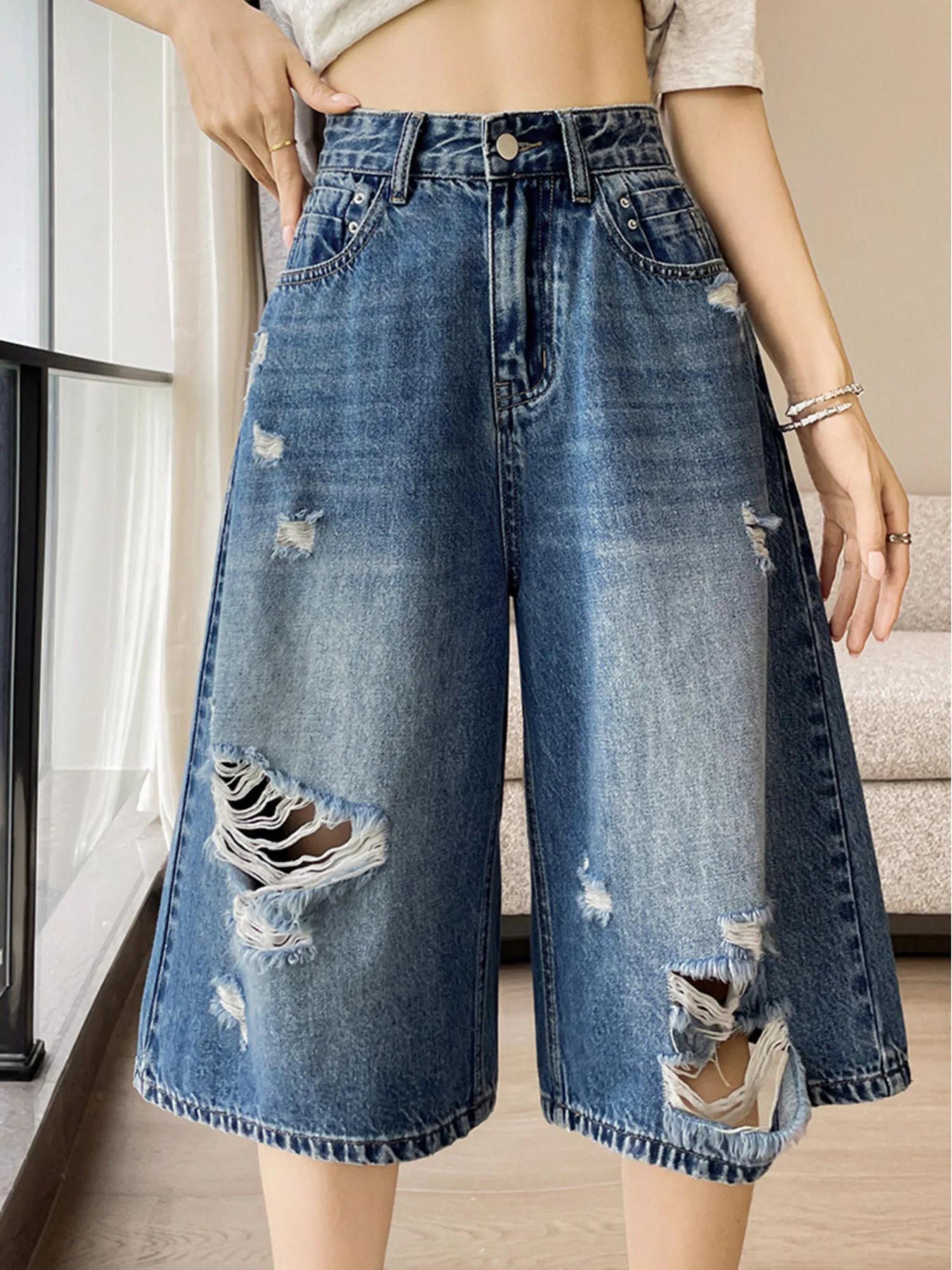 Jean Capri en Denim Déchiré Taille Haute pour Femme, Style Vintage Délavé, Coupe Ample Jambe Large, Jorts Y2K, Streetwear d'Été 2026, Pantalon Décontracté