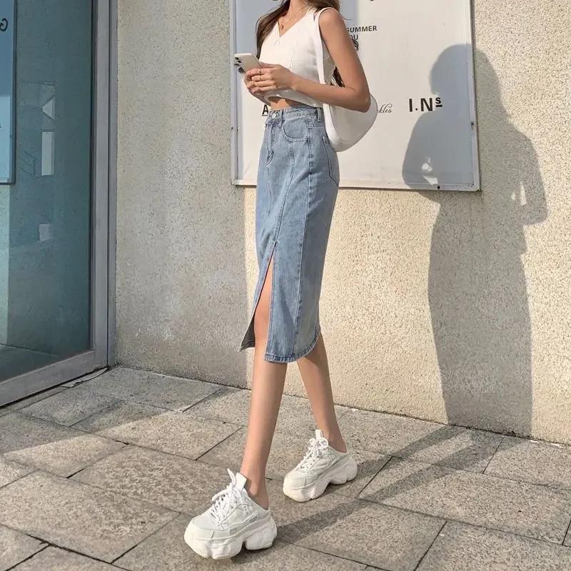 Jupes en jean femme Midi bleu taille haute avec fente jupe