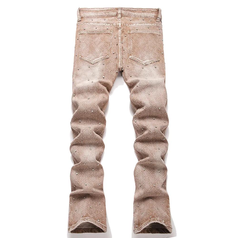 Jean en Denim pour hommes, strass en cristal, coupe botte extensible, Punk Rivet, pantalon évasé Slim, pantalon extensible à la mode