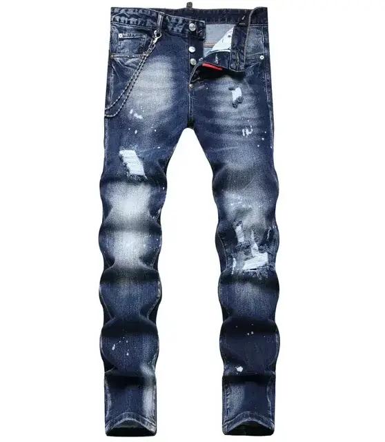 Jean Déchiré Slim Bleu Clair pour Homme, Pantalon à Trous, de Qualité, à la Mode, FjY2k, 2 Pièces