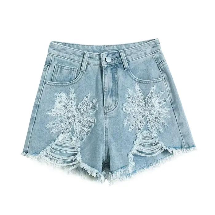 Shorts en jean taille haute pour femme, été 2026, broderie feu d'artifice, perles, déchirés, ourlet