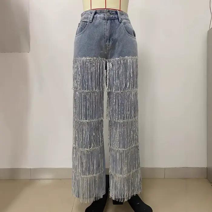 Jean tendance à franges pour femme, pantalon en denim taille haute style streetwear, jean droit vint