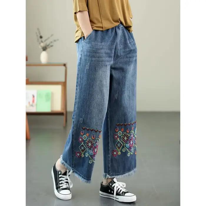 Jeans de style ethnique pour femmes, collection Printemps-Automne 2026, élastiques, taille haute, br