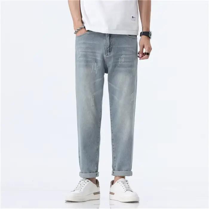 Jean d'été pour homme, coupe cheville, déchiré, respirant, en coton, style jogger, fin, bleu rétro,