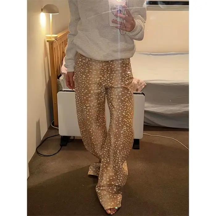 Jeans Y2K rétro américain à motif cerf imprimé, coupe courbée, pour femme, style streetwear, pantalo