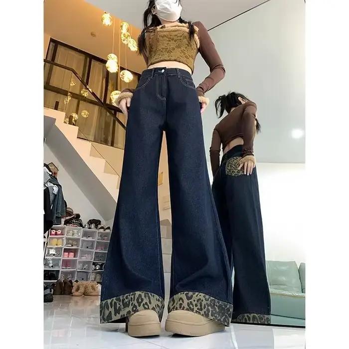 Jean noir taille haute imprimé léopard à jambes larges pour femmes, nouveau Style d'automne et d'hiv