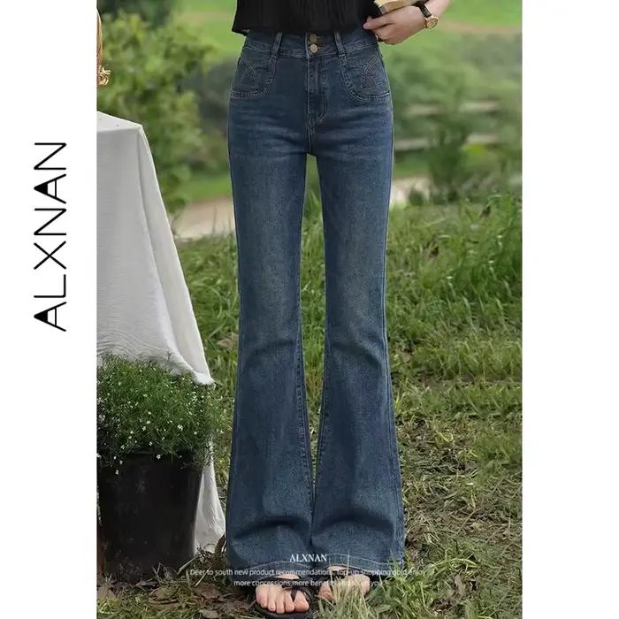 ALXNAN Jean bleu vintage taille haute évasé pour femme 2026 – Pantalon en denim ample et décontracté