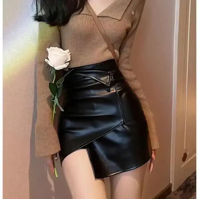 Mini-jupe en similicuir pour femme - Design asymétrique à enroulement taille haute