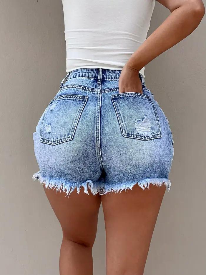 Short en jean taille haute au design vieilli à la mode et polyvalent pour l'été 205. Nouveau style,