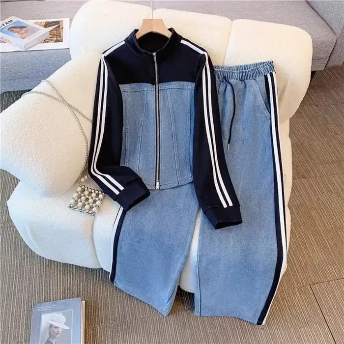 Femmes Denim 2 pièces ensemble rayé longue veste à lacets lavé en détresse jambe large pantalon auto